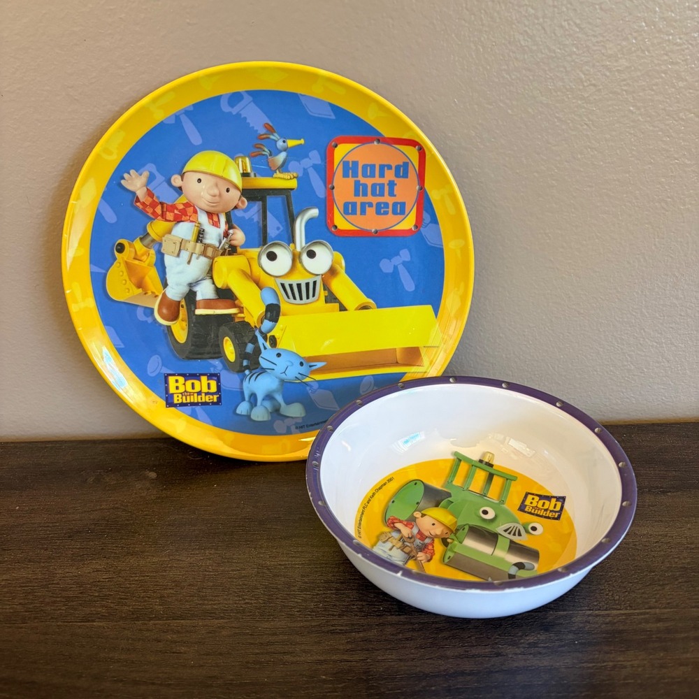 Vintage 2001 Bob the Builder Melamine Plate and Bowl Set Yellow Blue Kids Dishes